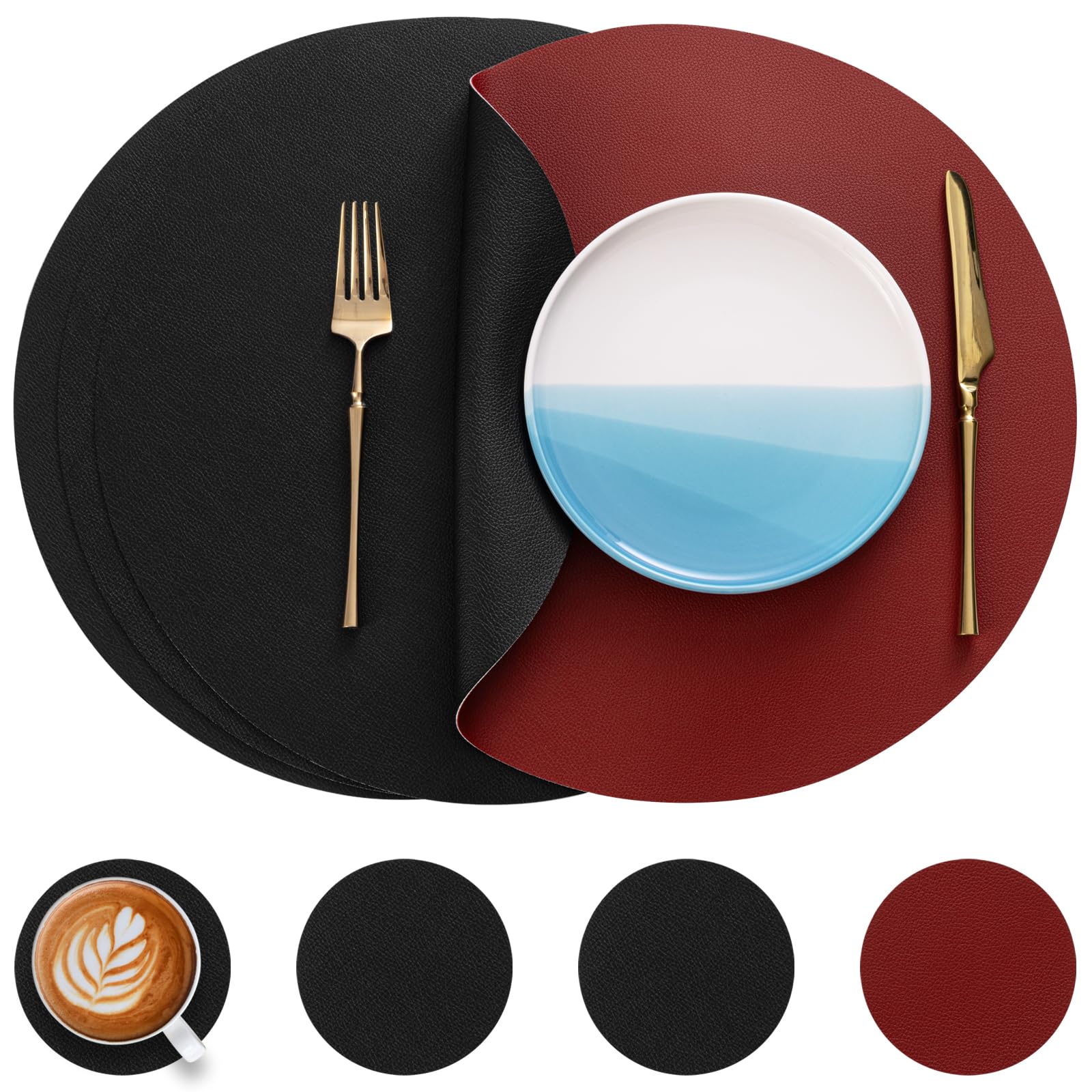 Myir JUN Round Table Placemats Set of 4 Faux Leather Place Mats and Coasters 15 inch Round Dual Sided Placemats Non-Slip Wipe Clean Stain Resistant (Red Black,Set of 4)