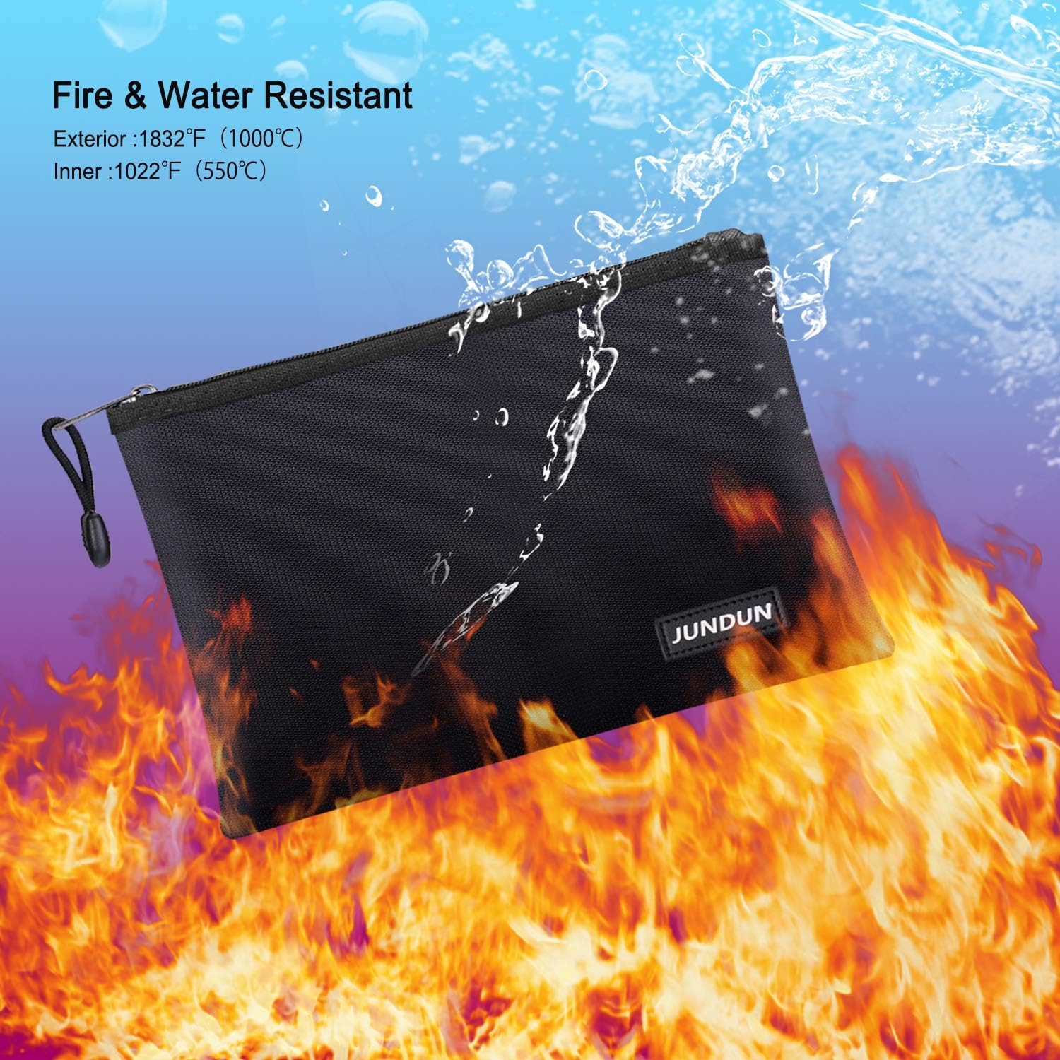 JUNDUN Fireproof Document Bags,13.4”x 9.4”Waterproof and Fireproof Money Bag,Fireproof Safe Storage Pouch with Zipper for A4 Document Holder,File,Cash and Tablet: Office Products