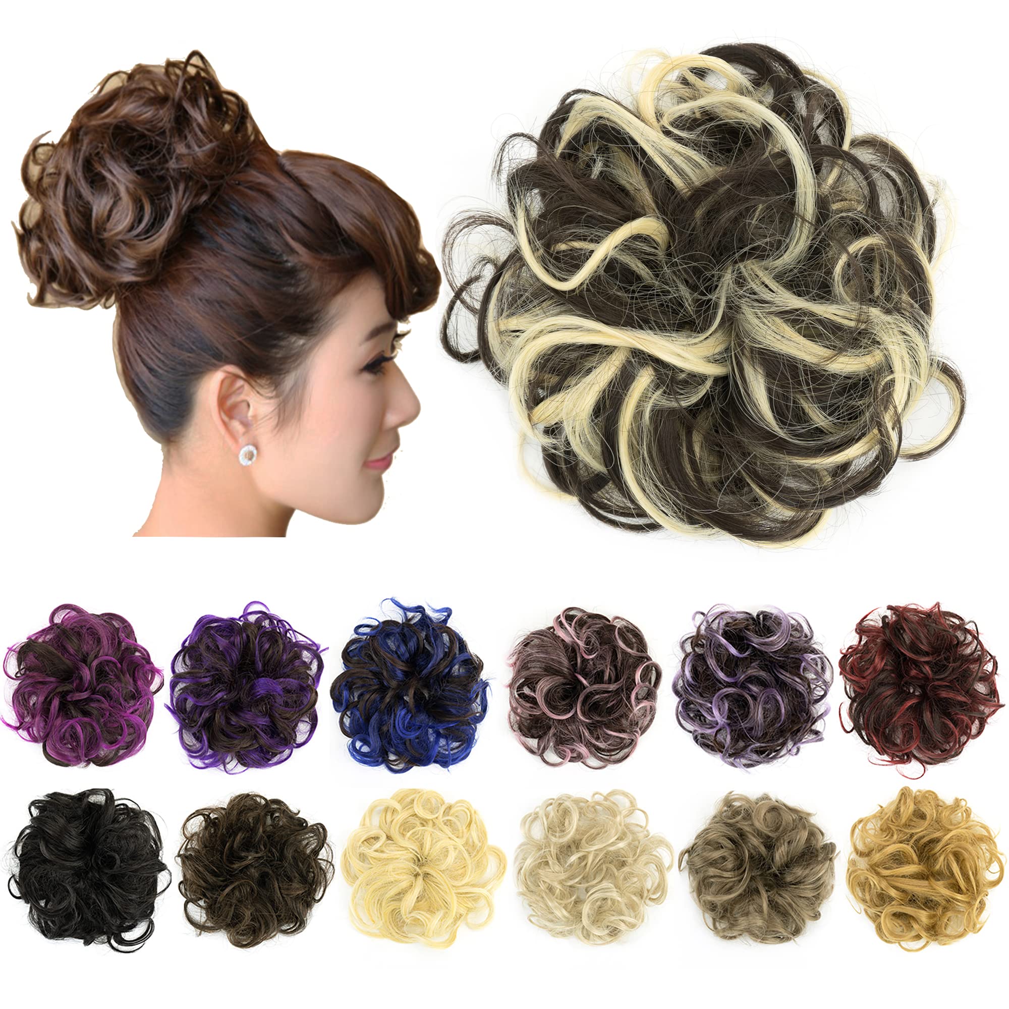 IMISSU 2PCS Messy Bun Hair Piece Updo Fake Scrunchies Ponytail Extension Wavy Curly Hairpieces Chignon Headband for Women (2PCS Blonde Brown)