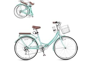 SAHISTCT 24 Inch/26 Inch Foldable Beach Cruiser Bike with Coffee Cup for Women , 7-Speed Women's Bike with Basket, Adult Folding Cruiser Bike, City Commuter Bike,Carbon Steel Frame & Dual V-Type Brakes