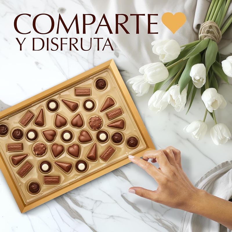 Dulces Deseos Caja de bombones de chocolate surtidos, chocolate con leche, chocolate negro, chocolate blanco, bombones para regalar, caja de bombones, 337 g