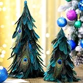 VioraWhite 2 Pcs Christmas Peacock Feather Tree 12" 8" Tabletop Centerpiece | Blue Cone Design, Real Peacock Feathers, Layered Wedding Party Centerpiece, Home Decor, Festive Table Decor