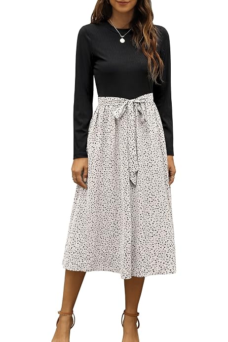Women's Fall Midi Dress – Long Sleeve Pocket Blouson Style With Elastic Waist & Side Slits - View #7