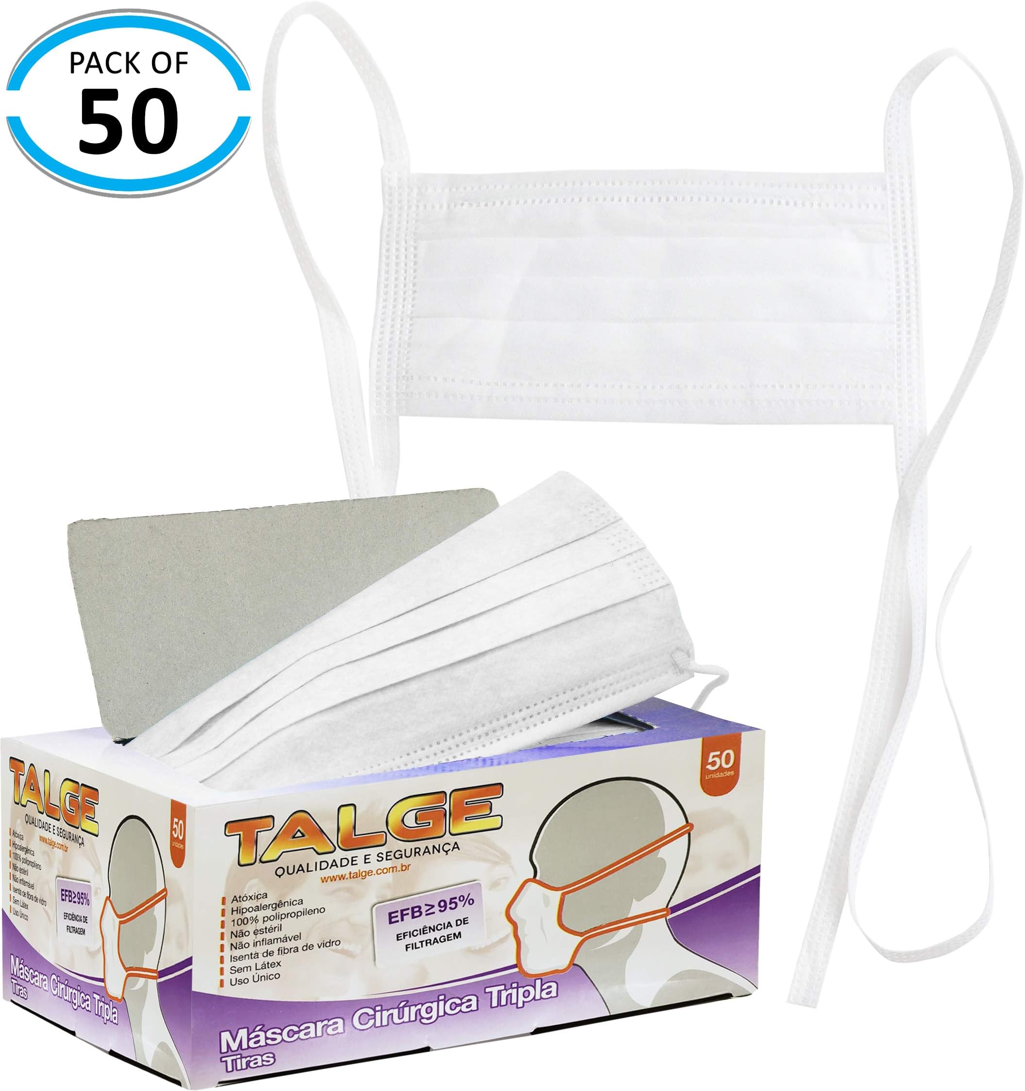 Talge Surgical Disposable Face Masks 3 Ply 95% BFE Breathable and Comfortable for Blocking Dust Air Pollution Protection Pack of 50