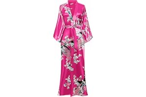 BABEYOND Women's Kimono Robe Long Robes with Peacock and Blossoms Printed Kimono Nightgown 53 inches Long