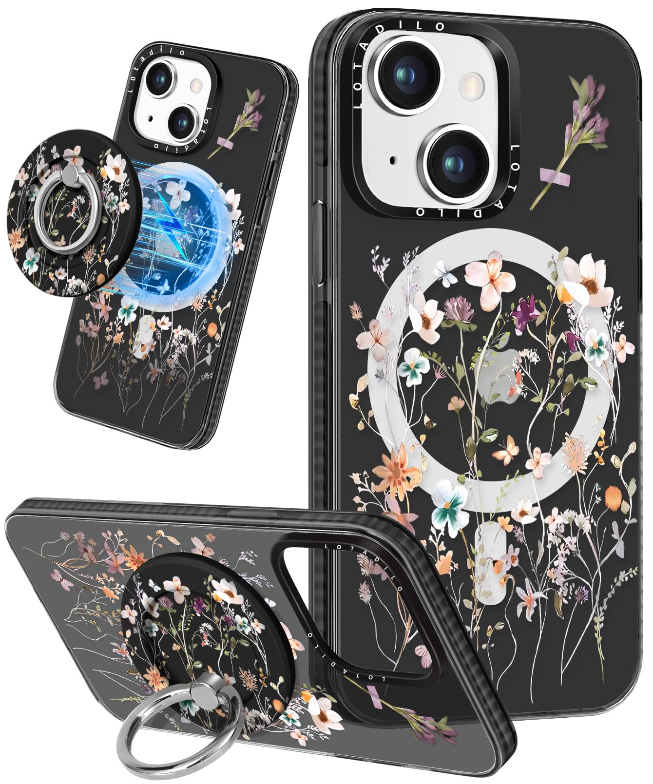 Photo 1 of Lotadilo for iPhone 14 Case for Women - Girls Kawaii Design Compatible with Magsafe Magnetic Ring Holder Stand Foral Flower Phone Covers Aesthetic Girly TPU Funda for 14