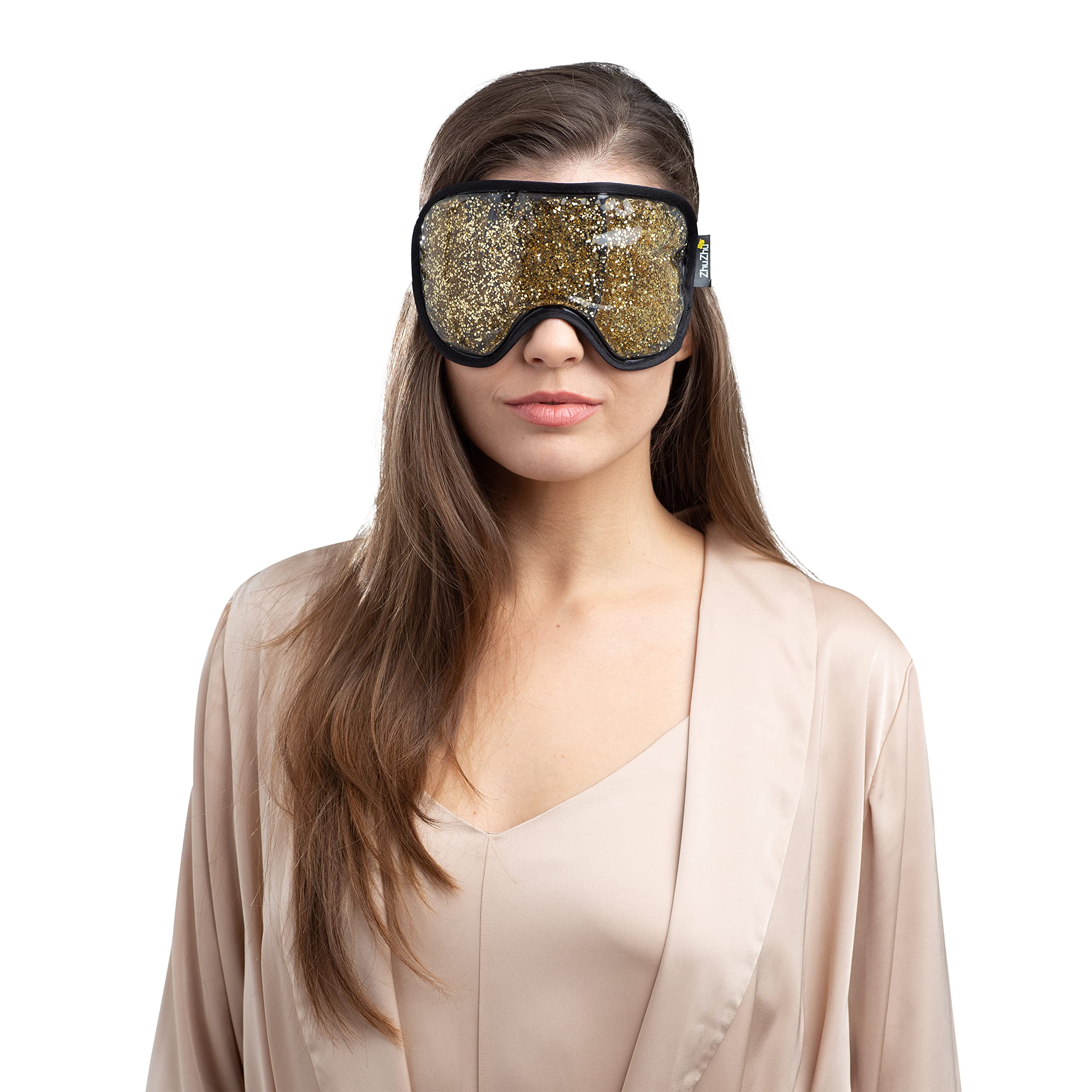 Zhu-Zhu Glitter Gel Hot & Cold Eye Mask - Therapeutic Soothing Relief for Migraines, Sinus Pain, Tension Headaches, Allergies, Puffy and Tired Eyes - Gold