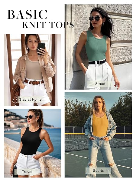 HWOKEFEIYU WOMEN TANK TOPS ROUND NECK SLEEVELESS BASIC TOP SHIRT SLIM KNIT RIBBED RACERBACK BLOUSES(KHAKI,XX-LARGE)