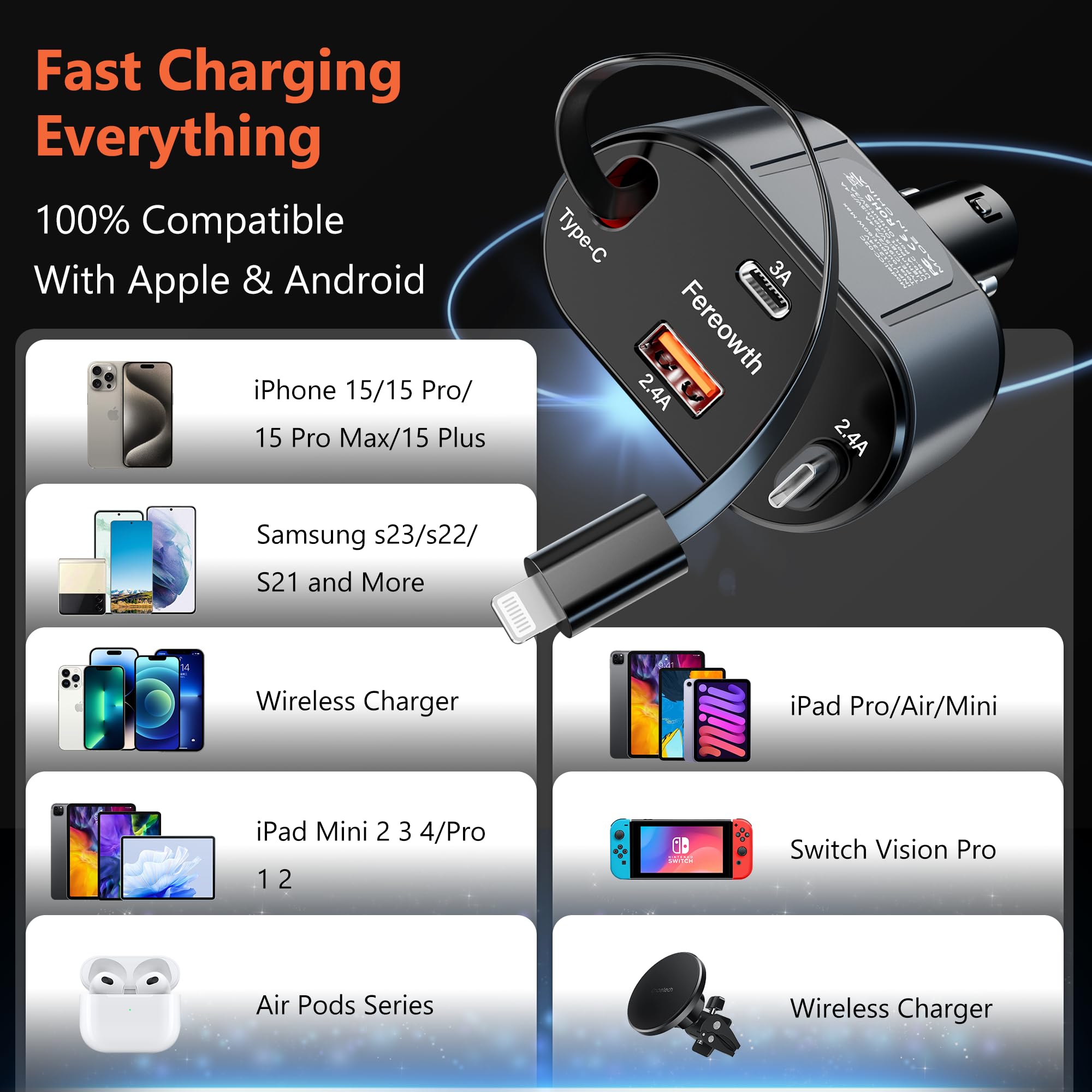 Retractable Car Charge 4 in 1 Fast Car Phone Charger Adapter PD 63W Phone Retractable Cables (31.5 inch) and 2 USB Ports Car Charger， Compatible with iPad,Samsung,Pixe iPhone 15/14/13, Black