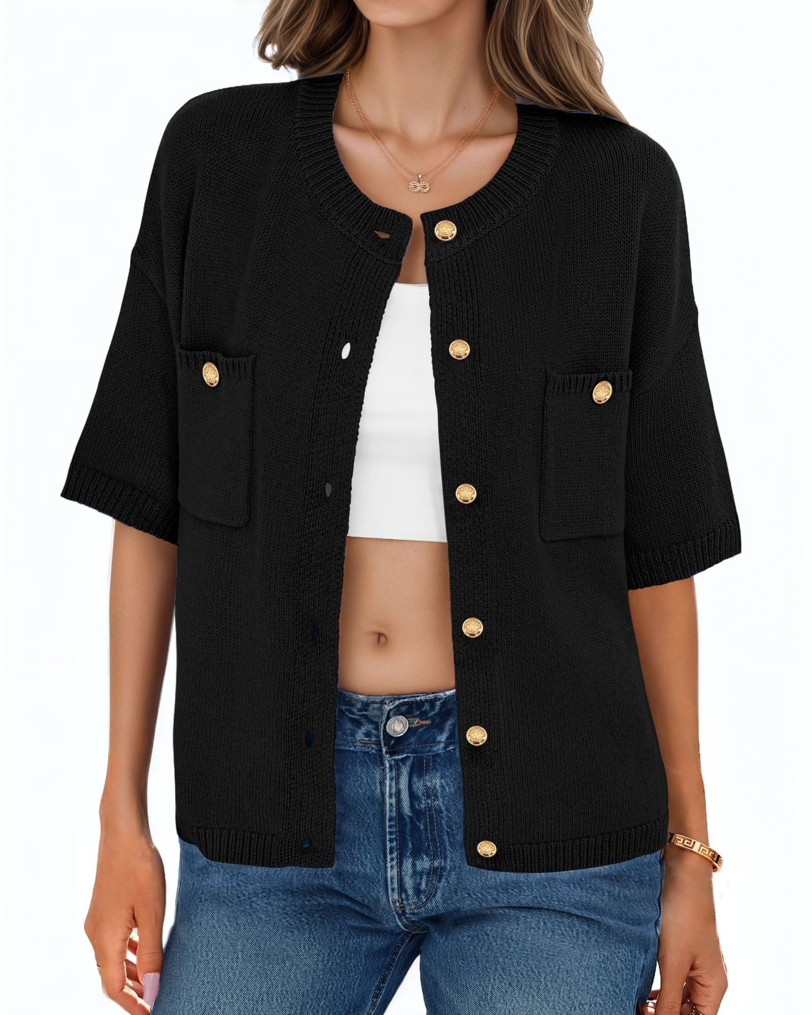 Photo 1 of Alljoin Womens Cardigan Sweaters Short Sleeve 2025 Button Up Y2k Summer Crew Neck Crop Lightweight Knit Shirt Tops Black - S