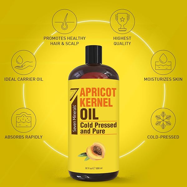 SEVEN MINERALS PURE COLD PRESSED APRICOT KERNEL OIL – BIG 32 FL OZ BOTTLE – NON-GMO, HEXANE FREE, NATURAL & LIGHTWEIGHT MOISTURIZER FOR ALL SKIN TYPES – PERFECT OIL FOR MASSAGE THERAPY & AROMATHERAPY