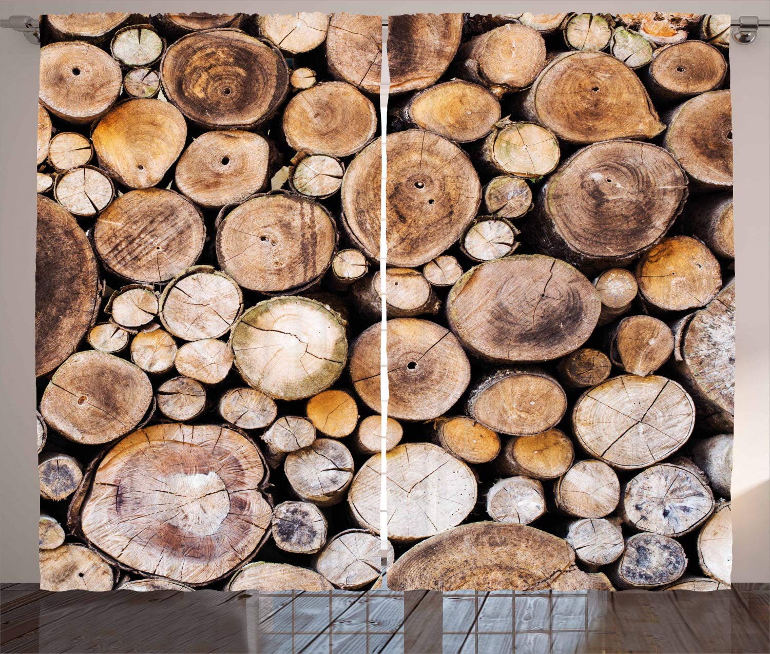 ABAKUHAUS Rustic Curtains, Wooden Logs Background Circular Shaped Oak Tree Life and Growth Theme Print, Living Room Bedroom Window Drapes 2 Panel Set, 280 x 260 cm, sand — image 1