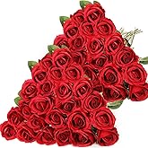 Hotop 40 Pcs Rose Artificial Flowers Bulk with Long Stem,Realistic Silk Fake Roses Bouquet for Home Wedding Centerpieces Party Table Decoration Valentines Gifts(Red)