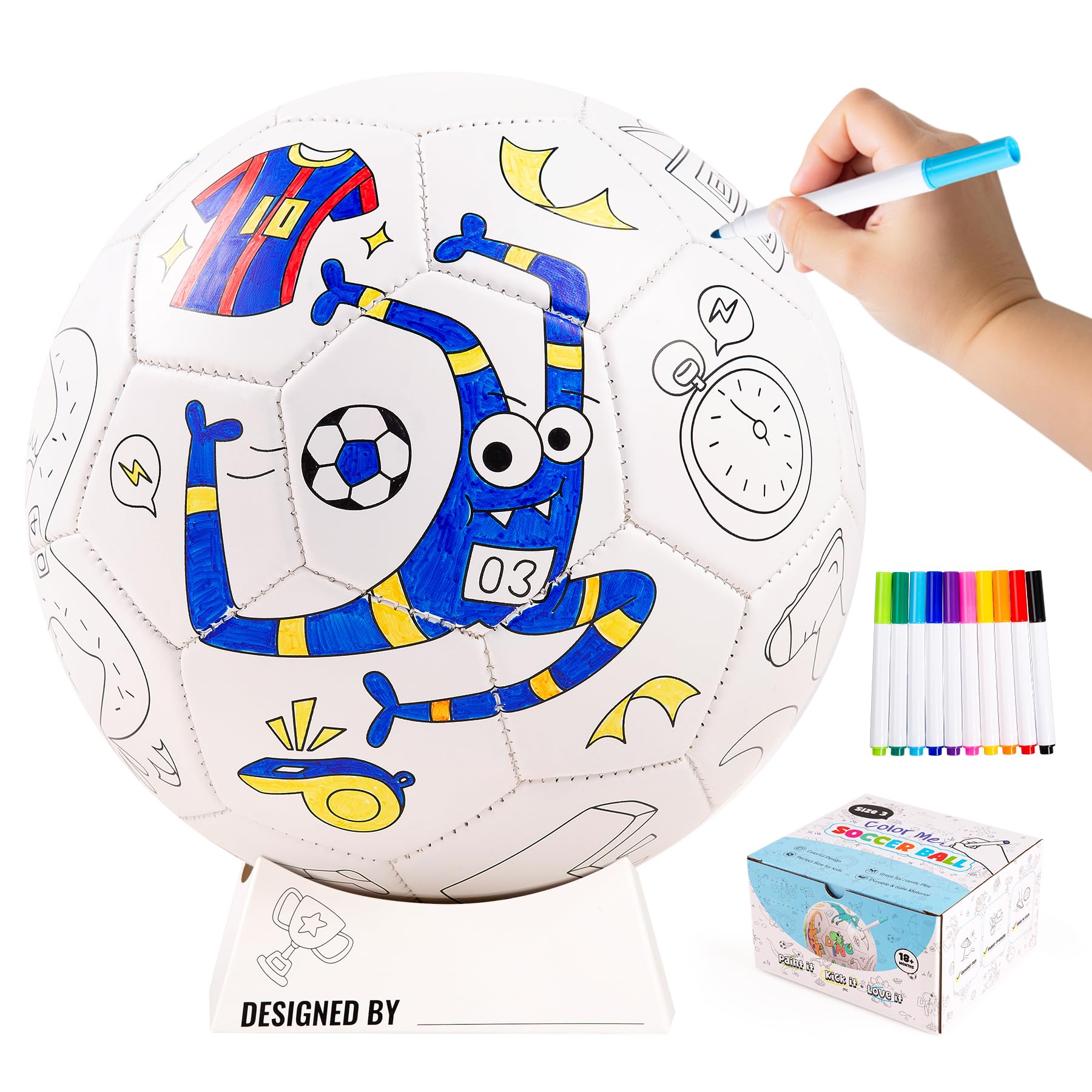 U&C Planet Customizable Size 3 Football Colouring Football for Kids Ages 3-8, Includes 10 Washable Markers, Ball Stand & Pump, Durable PVC, Indoor & Outdoor Play, Creative Gift Ide