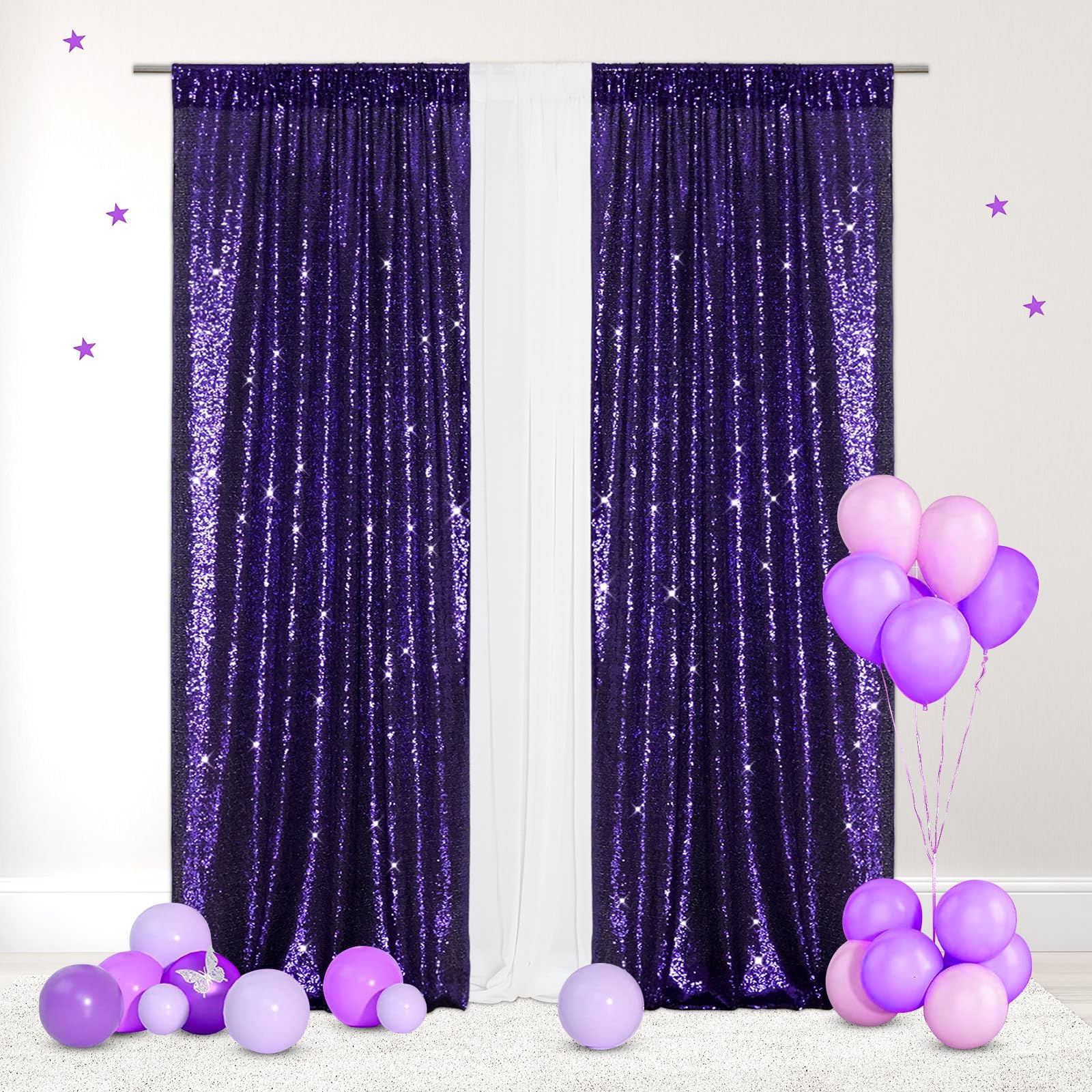 2Pieces Sequin Backdrop 2ftx8ft(60x243cm) Shiny Seamless Photo Booth Curtain for Party Wedding Decoration Photo Background, Purple — image 1