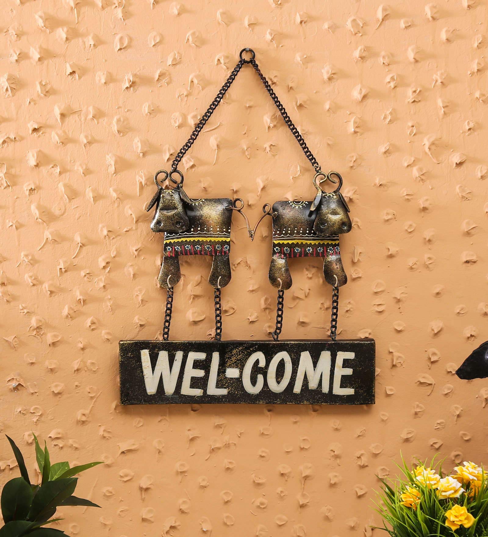 Collectible India Welcome Board Wall Hanging Door Sign - Handmade Iron Twin Cow Wall Art- Decorative Metal Plate Showpiece For Main Door Living Room Home Decor (Size 11.5 x 11.5 Inches)