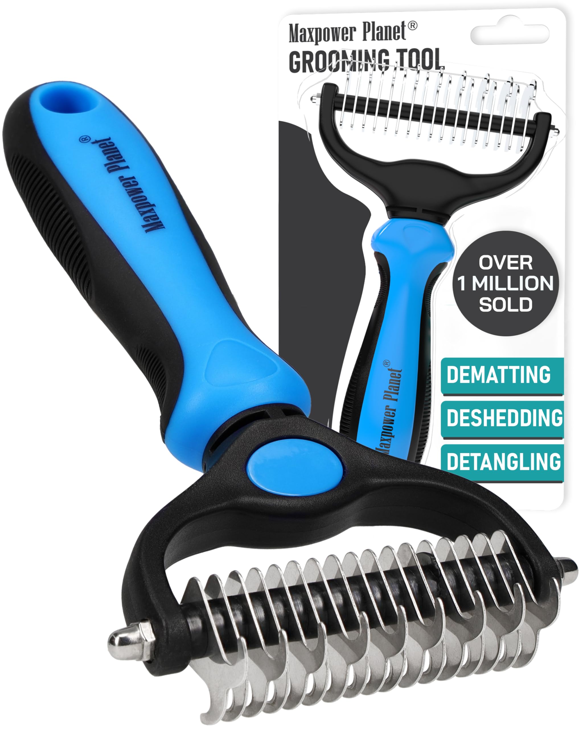 Maxpower Planet Pet Grooming Brush for Long Haired Cats - Double Sided Shedding and Dematting Undercoat Rake, Dog Comb, Blue