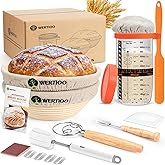 Sourdough Bread Baking Supplies, Sourdough Starter Kit, 2 9 Inch Round Banneton Bread Proofing Basket with 24 Oz Glass Jar, Sour Dough Tools with Danish Dough Whisk & Scraper