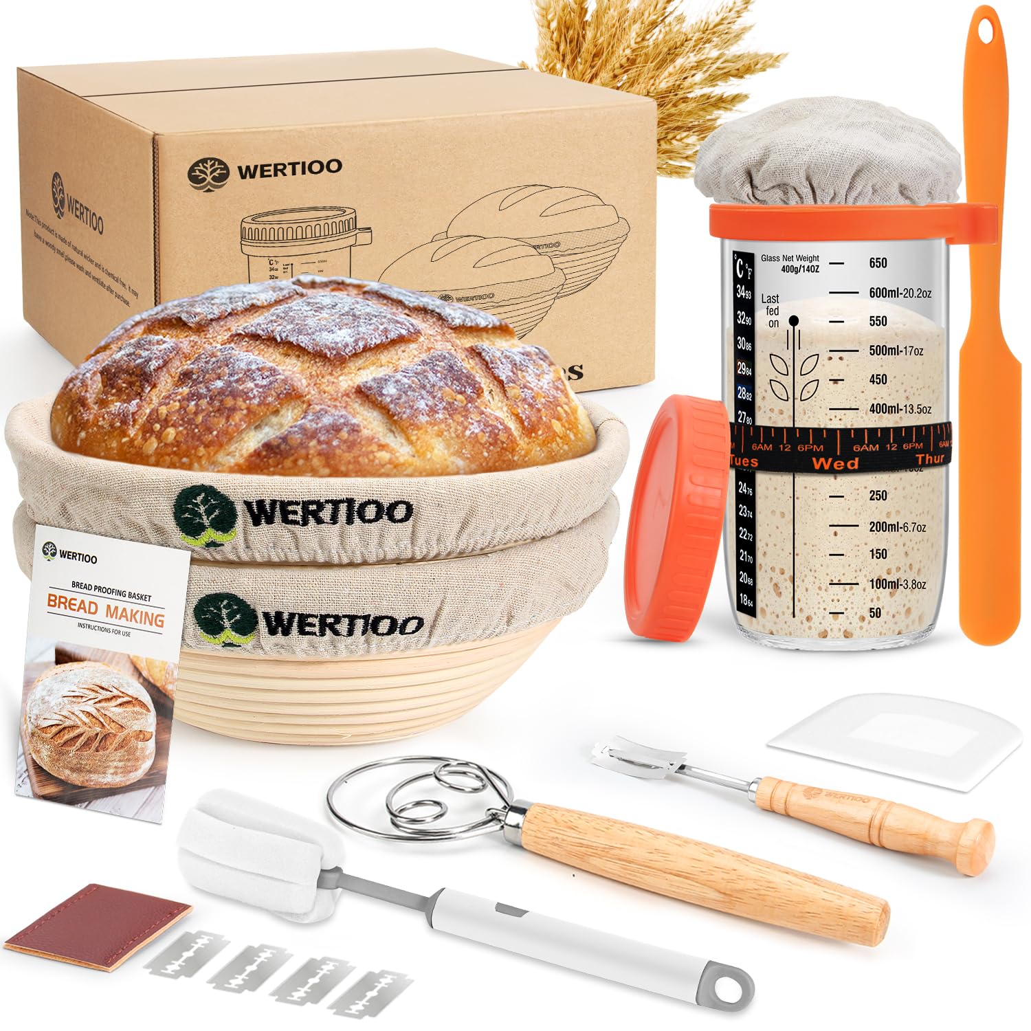 Photo 1 of Sourdough Bread Baking Supplies, Sourdough Starter Kit, 2 9 Inch Round Banneton Bread Proofing Basket with 24 Oz Glass Jar, Sour Dough Tools with Danish Dough Whisk & Scraper