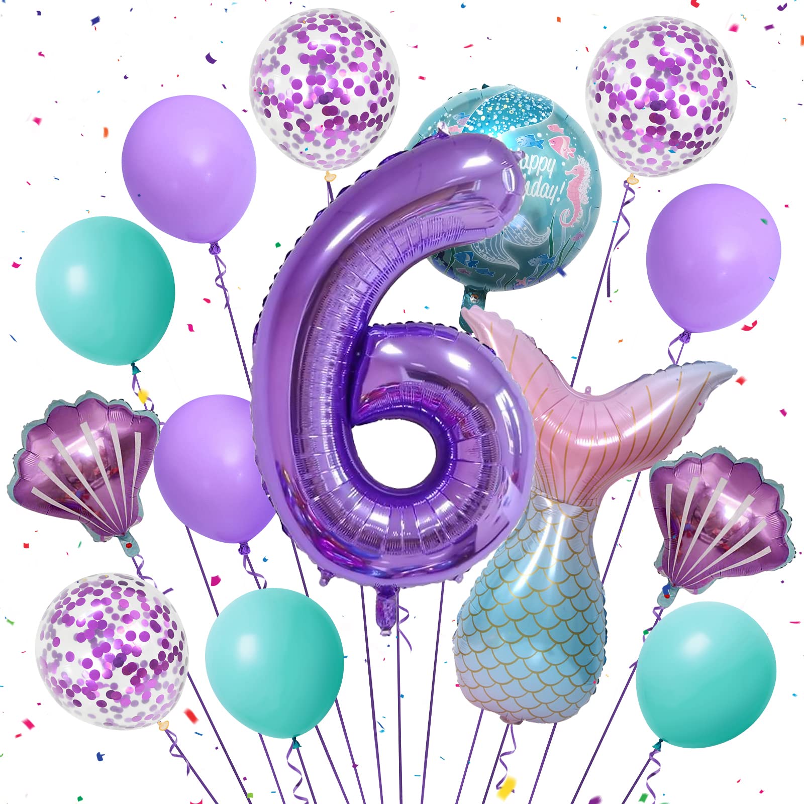 Mermaid Balloons Tail Party Decorations, Mermaid Balloon 40 Inch Number 6 Foil Balloon purple 18" Foil Balloons Set, for Girls 6th Birthday Decorations Party Supplies