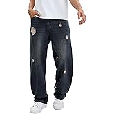 MZNBURAM Men's Y2K Hip Hop Ripped Baggy Jeans Loose Fit Wide Leg Denim Pants Casual Streetwear Trousers