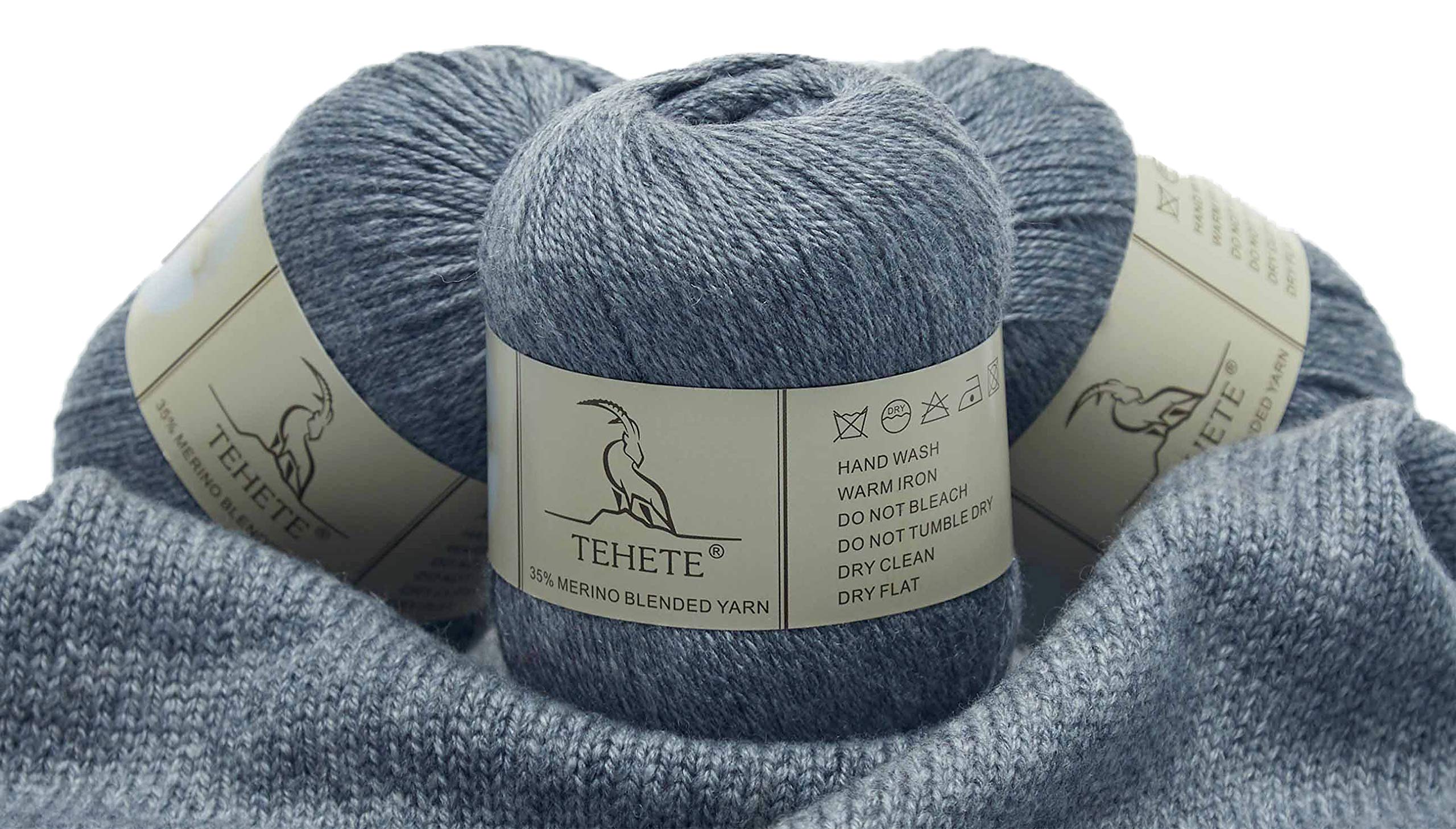TEHETE Merino Wool Yarn for Knitting and Crochet Yarn 3ply 50g × 3 Balls Soft and Warm - Grey