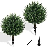Grewyear Artificial Cedar Topiary Ball Tree with Ground Spike, Set of 2 UV Resistant Artificial Bushes for Outdoors Faux Shrubs, Weatherproof Fake Round Cypress Ball Bushes Plant for Front Porch