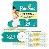 Pampers Swaddlers Diapers, Size 1 (8-14 lbs), 164 Count, Disposable Newborn Baby Diaper + Sensitive Baby Wipes 504 Wipes Total (6X Flip-Top Packs) [Packaging May Vary]