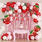 Strawberry Birthday Party Decorations with Pink Fringe Curtain Happy Birthday Banner Pink Red Sand White Balloons for Strawberry Themed 1st Baby Shower Party Decorations