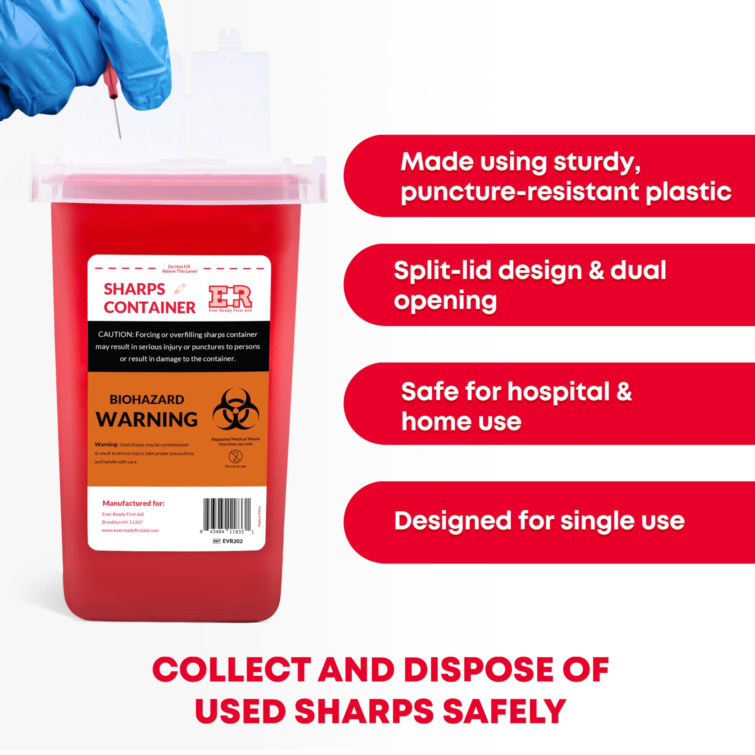 Ever Ready First Aid Sharps Container with Split Lid Design and Locking Mechanism for Sharp Waste Disposal, 1 Quart