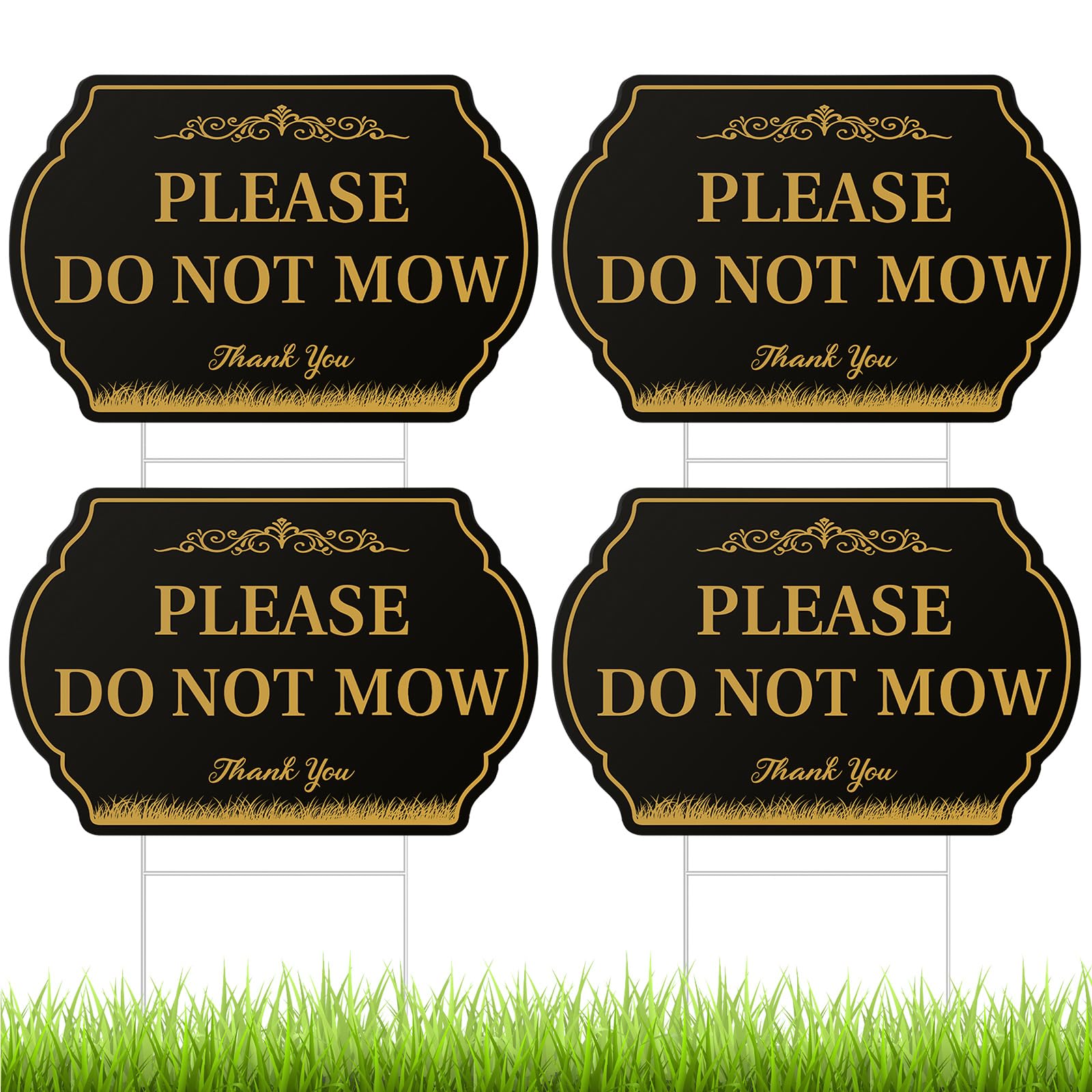 Photo 1 of Soaoo 4 Pcs Please Do Not Mow Sign 12 x 8 Inches with Metal Stake Black Gold No Mow Yard Sign Double Side Corrugated Plastic Garden Signs for Summer Lawn Yard Garden Outdoor Ground Decor