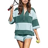Ceputer Women 2 Piece Lounge Sets Striped Summer Oversized Shorts Set Half Sleeve Zipper T Shirts Shorts Workout Matching Set