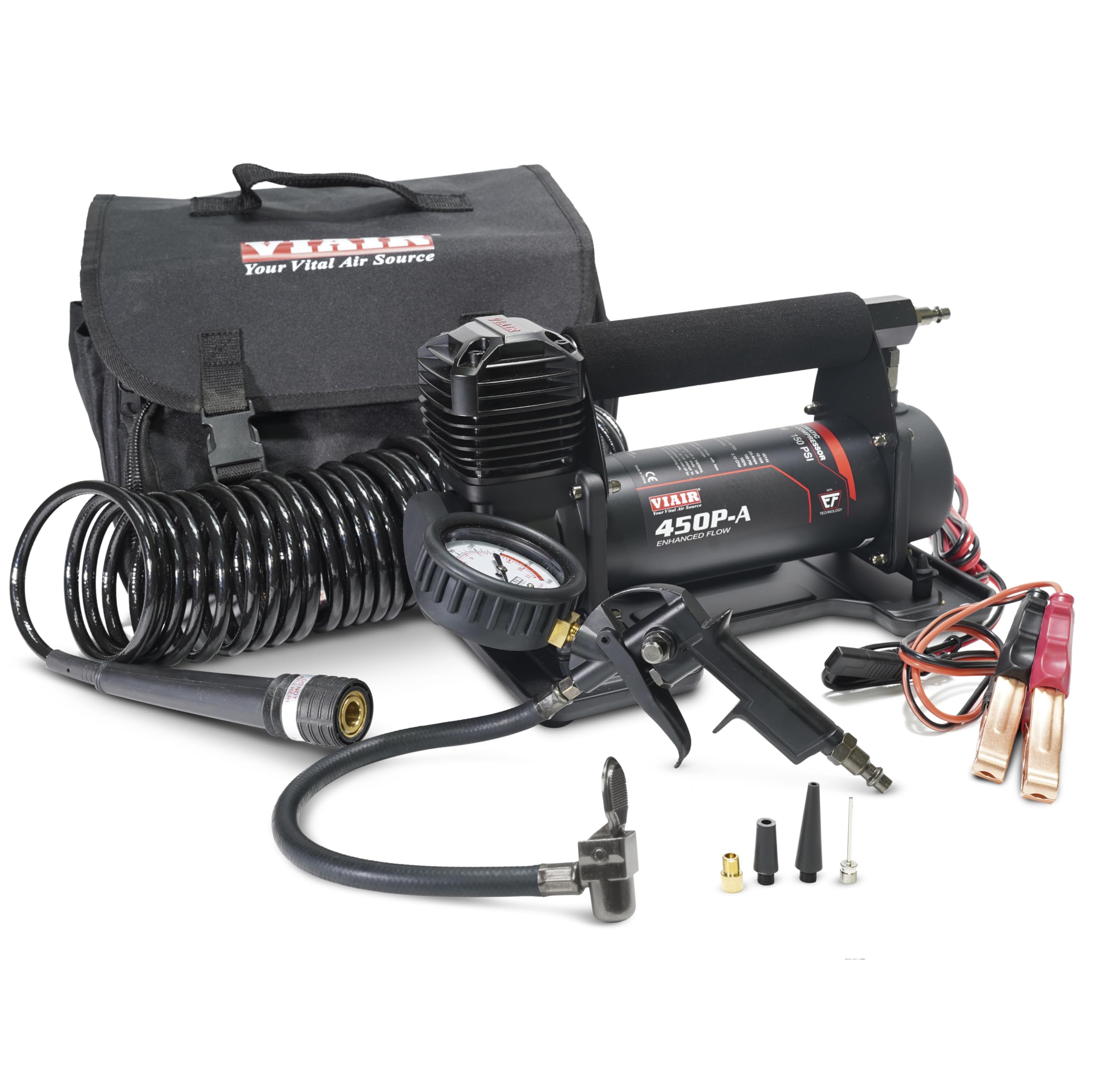 VIAIR 450P-A EF Enhanced Flow - 45144 Tire Inflator Portable Air Compressor for Truck & SUV | 100% Duty Cycle @ 100 PSI | 12V Tire Pump Air Compressor | 150 PSI, Any Tire Size (SAE, Alligator Clips) Image