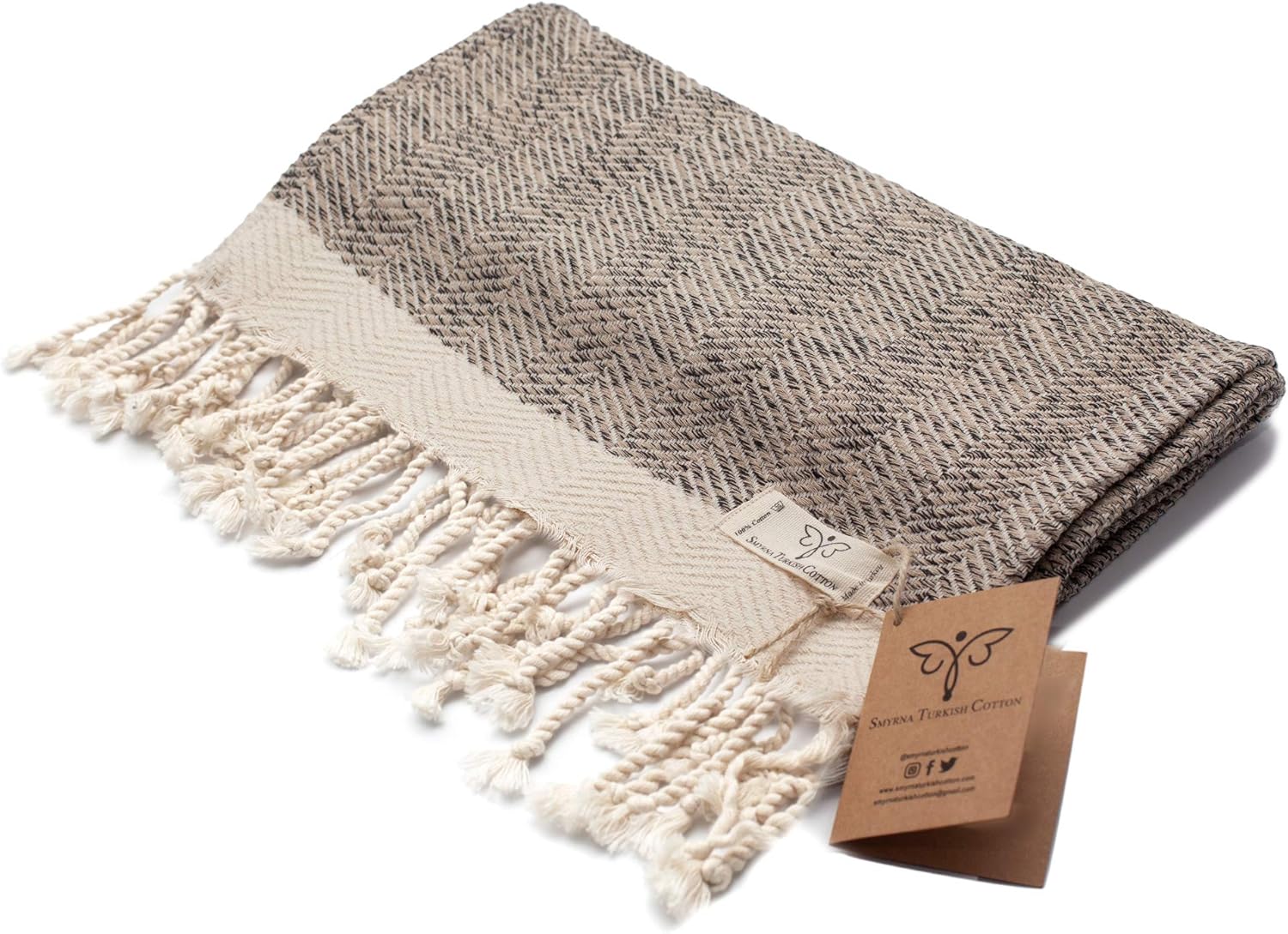 Smyrna Original Turkish Hand Towels Herringbone Series Set of 2 | 100% Cotton, 16 x 40 Inches | Decorative Bathroom Peshtemal Towel for Hand, Face, Hair, Gym, Yoga, Tea, Kitchen and Bath (Beige): Kitchen & Dining