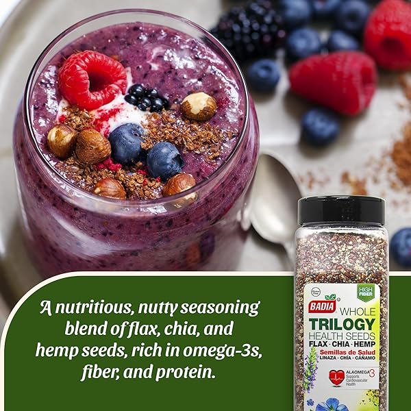 BADIA TRILOGY HEALTH SEED, FLAX, CHIA, HEMP SEEDS BLEND, HIGH FIBER SUPERFOOD MIX, OMEGA-3, 21 OZ