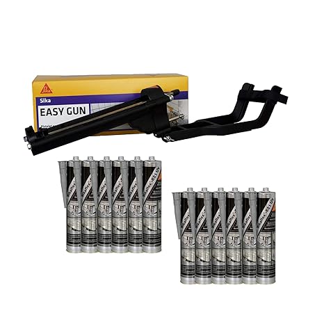 Sikaflex 521 UV Spachtelpistole EasyGun – 12 Kleber Hybrid Sika Sikaflex 521 UV – Hellgrau – 300 ml