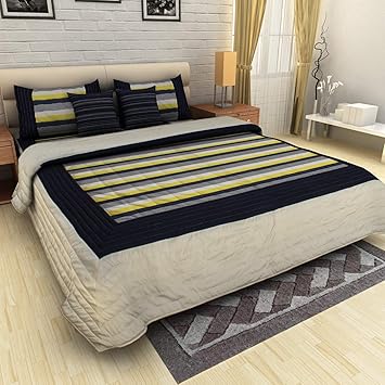 Pret Home King Size Faux Silk Quilted Bedspread Bed Cover with 2 Cushion Covers and 2 Pillow Covers (Cream Navy)