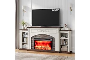 J-YAAMIZZ 80" Electric Fireplace with Mantel, Fireplace TV Stand for TVs Up to 90",Modern Entertainment Center with Realistic Stacked Stone Surround,Wooden Carved Decorative Mantel, Ideal for Living Room