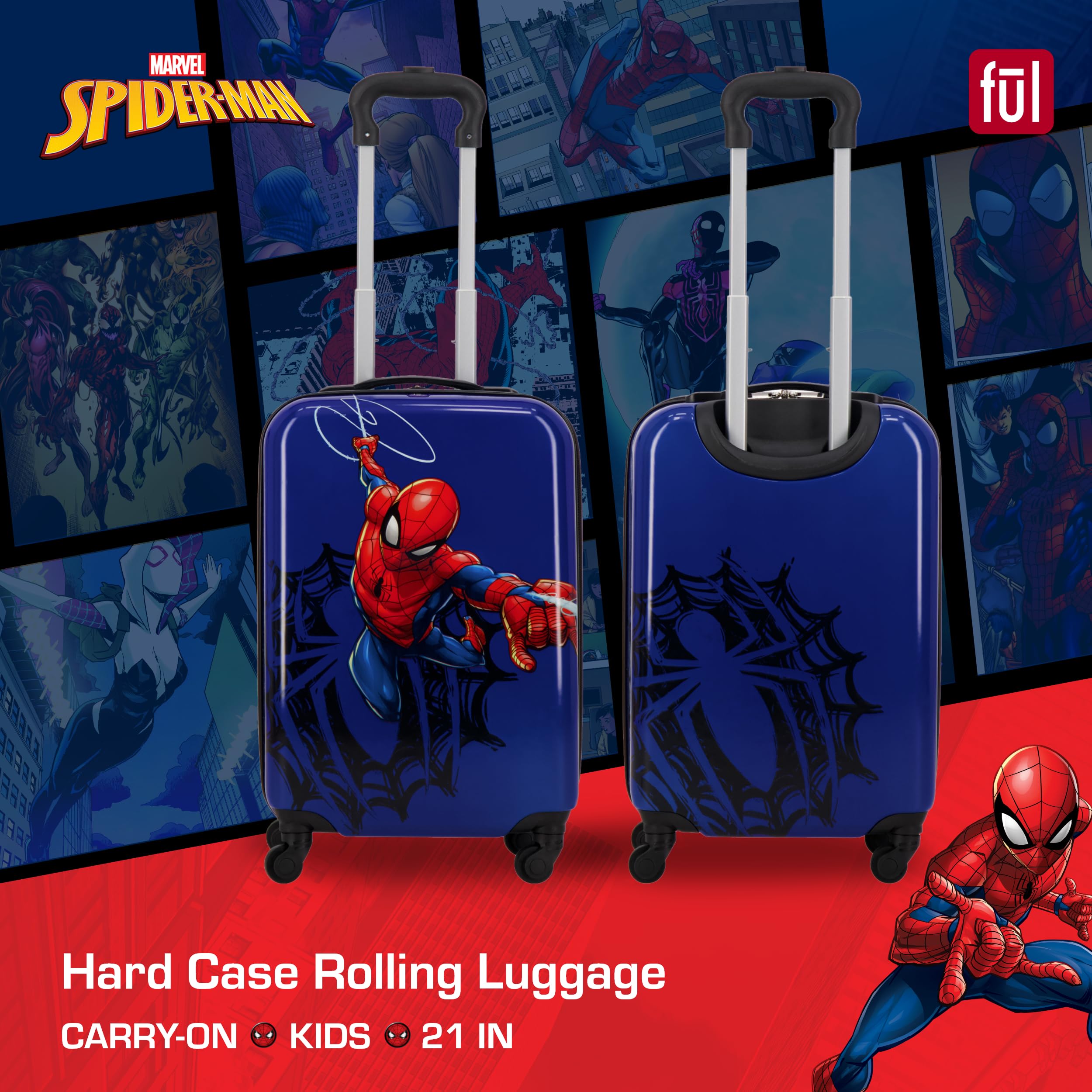 FUL Unisex Kid's Marvel Spider-Man Carry On Luggage, Hardshell Rolling Suitcase with Spinner Wheels, Blue, 21 Inch