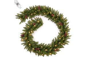 AMERZEST 9FT Prelit Artificial Christmas Garland with Dual Color LED Lights and Timer by Remote Control and Batteries Operated for Mantle Stairs Fireplace Door Xmas Decoration, Indoor Outdoor, Green