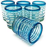 Dos Sueños Hand Blown Mexican Drinking Glasses – Set of 6 Tumbler Glasses with an Aqua Spiral Design (10 oz each)