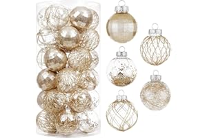 CristBest 30ct Christmas Ball Ornaments-60mm/2.36" Shatterproof Clear Plastic Xmas Balls Baubles Set with Stuffed Delicate Sparkling, Hanging Christmas Tree Decorations (Champagne Gold)