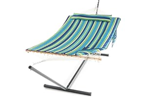 PNAEUT Double Hammock with Stand for Outside, Rope Hammocks with Polyester Pad 2 Person, 12ft Heavy Duty Stand, Extra Pillow, Storage Sidebag, Max 475 lbs Capacity (Garden)
