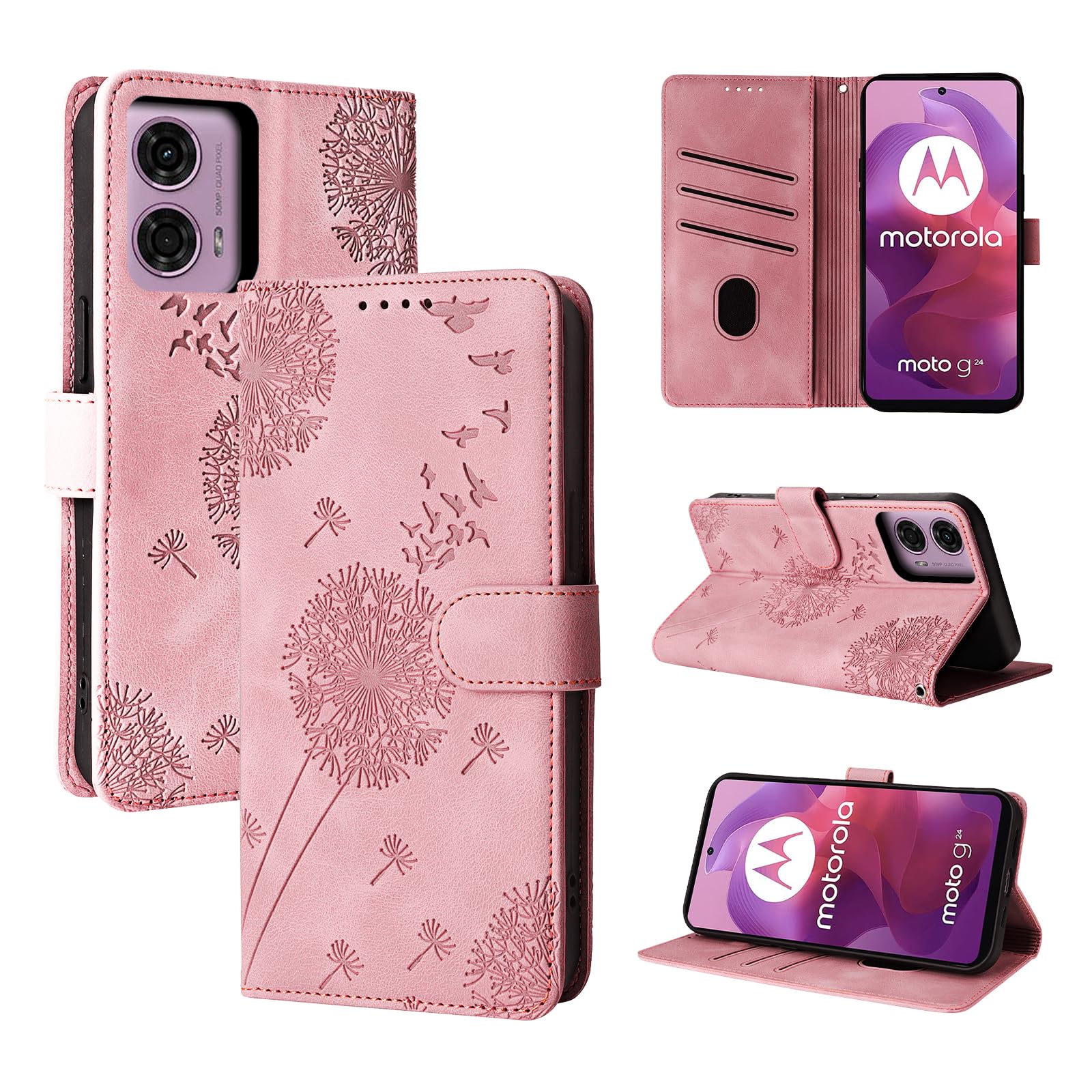 Rostsant Case for Motorola Moto G24 5G Dandelion Cover Premium PU Leather Flip Phone Case Wallet Card Slots Protective Cover for Motorola Moto G24 5G Rosegold
