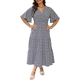 Keluummi Women's Plus Size V Neck 3/4 Sleeve Empire Waist A-Line Maxi Dress | Lightweight, Flutter Sleeve, Tiered Hemline, Pockets, Floral Print, For Spring Summer, For Wedding Guest Formal Casual Party