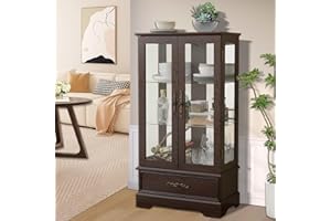 Firscook Lighted Glass Cabinet,Curio Display Cabinet with Adjustable Glass Shelves, Lighted Display Cabinet for Home, Vintage Lighted Accent Cabinet,Corner China Cabinet for Living Room (Dark Cherry)