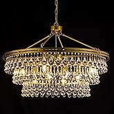 Wellmet 32" Brass Gold Farmhouse Chandelier, Large Modern Crystal Teardrop Chandeliers, Round Light Fixture for Dining Room, 