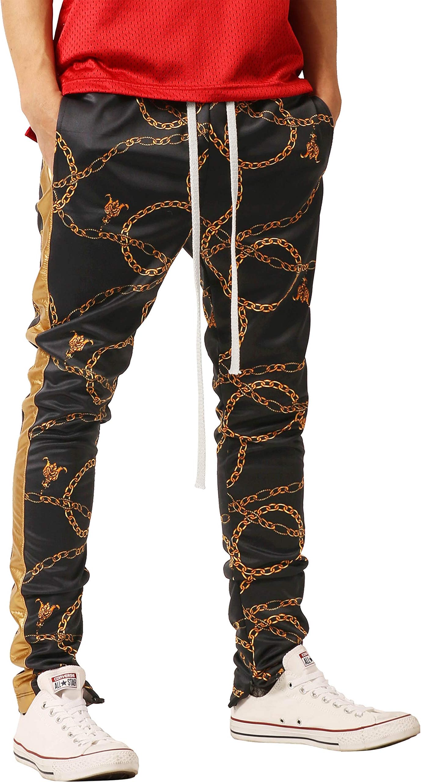 Ma Croix Premium Mens Gold Chain Print Track Jackets & Pants with Side Leather Stripe Slim Skinny Fit