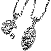 White Gold Plated Iced Football Helmet & Ball Pendant w/ 4mm 24inches Rope Chain Hip Hop Necklace, silver