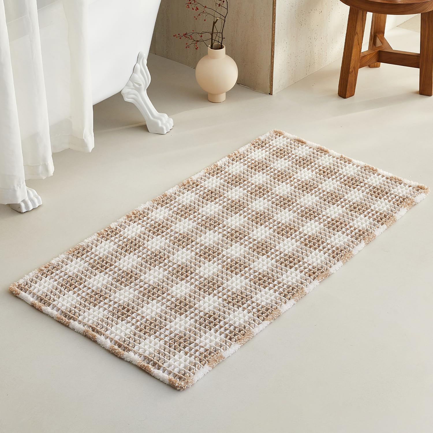 Photo 1 of TYUU Waffle Bath Mat, Boho Bathroom Rugs Non Slip Washable Absorbent Checkered Bathroom Mat Quick Dry Farmhouse Bathroom Decor, 48"x24" Khaki and White